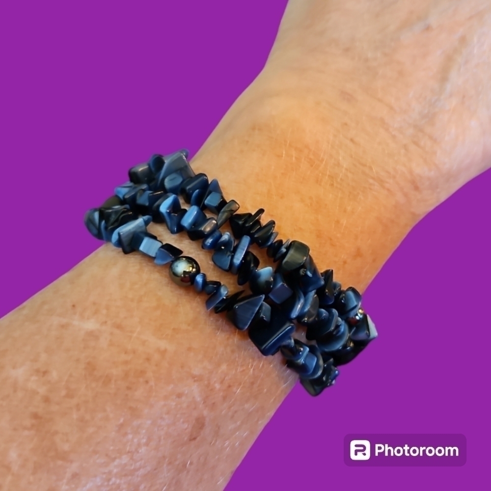 HANDMADE Navy Blue Moonstone Chip Hematite Beaded Wrap Bracelet